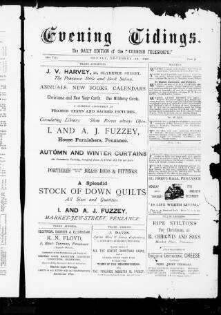 cover page of Cornish Evening Tidings published on November 30, 1891