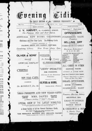 cover page of Cornish Evening Tidings published on December 24, 1891