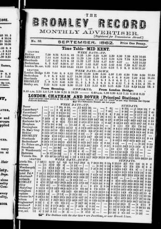cover page of Bromley Record and Monthly Advertiser published on September 1, 1862