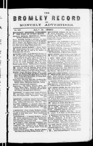 cover page of Bromley Record and Monthly Advertiser published on July 1, 1888