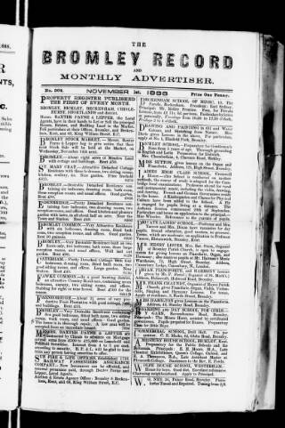 cover page of Bromley Record and Monthly Advertiser published on November 1, 1888