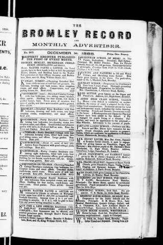 cover page of Bromley Record and Monthly Advertiser published on December 1, 1888