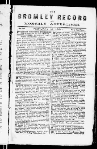 cover page of Bromley Record and Monthly Advertiser published on February 1, 1890