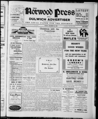 cover page of Norwood Press and Dulwich Advertiser published on December 30, 1938