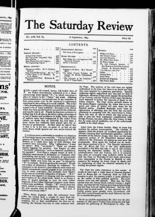 cover page of Saturday Review of Politics, Literature, Science and Art published on September 18, 1897