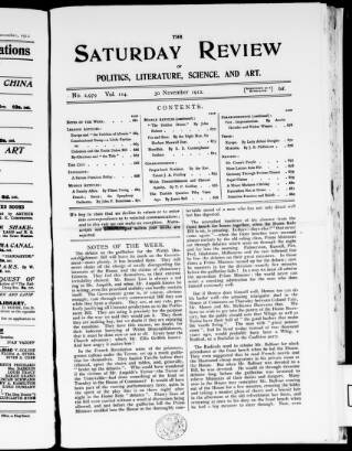 cover page of Saturday Review of Politics, Literature, Science and Art published on November 30, 1912
