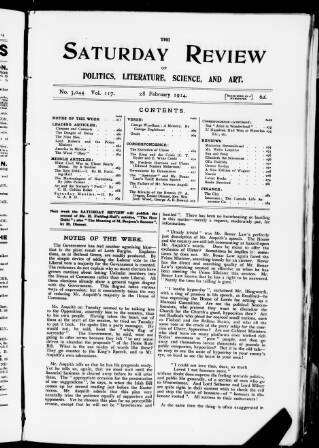 cover page of Saturday Review of Politics, Literature, Science and Art published on February 28, 1914