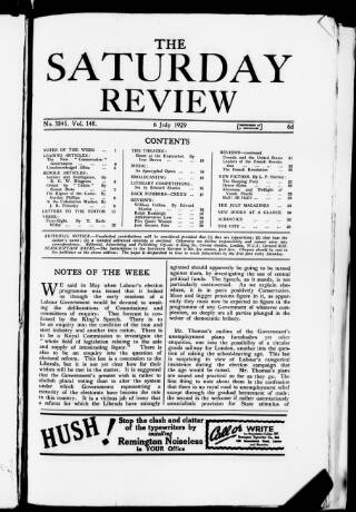 cover page of Saturday Review of Politics, Literature, Science and Art published on July 6, 1929