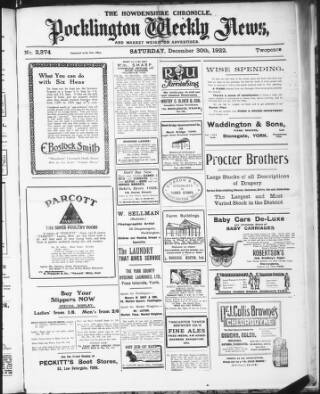 cover page of Howdenshire Chronicle published on December 30, 1922