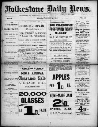 cover page of Folkestone Daily News published on November 30, 1908