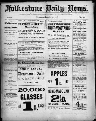 cover page of Folkestone Daily News published on December 30, 1908