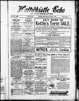 cover page of Haltwhistle Echo published on November 30, 1917
