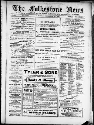 cover page of Folkestone News & East Kent Chronicle published on December 21, 1889