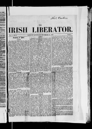 cover page of Irish Liberator published on November 21, 1863