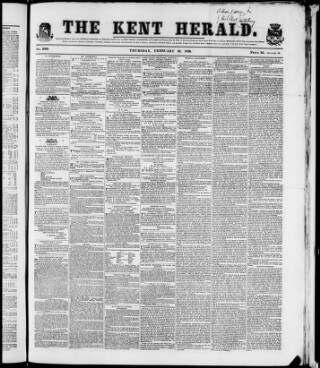 cover page of Kent Herald published on February 28, 1856
