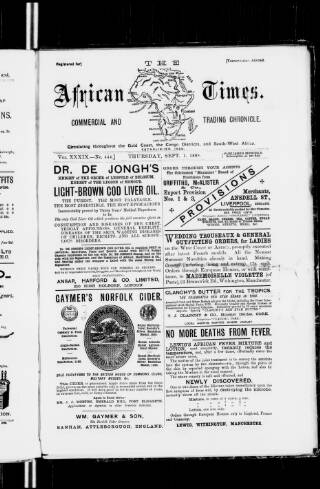 cover page of African Times published on September 1, 1898