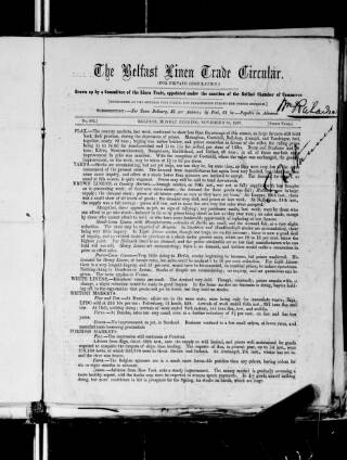 cover page of Belfast Linen Trade Circular published on November 30, 1857
