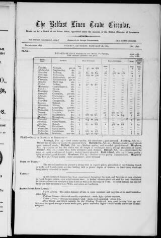 cover page of Belfast Linen Trade Circular published on February 28, 1885