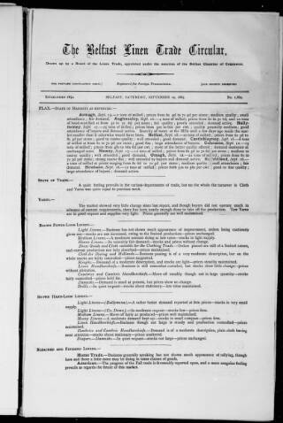 cover page of Belfast Linen Trade Circular published on September 19, 1885