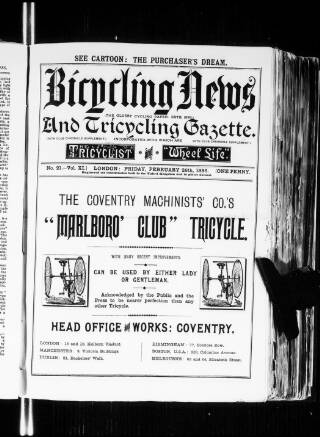 cover page of Bicycling News published on February 26, 1886