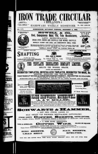 cover page of Iron Trade Circular (Rylands') and Hardware Weekly Messenger published on December 4, 1886
