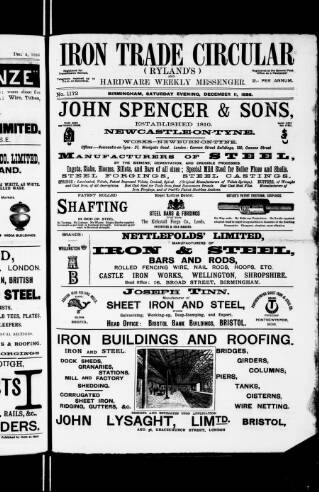 cover page of Iron Trade Circular (Rylands') and Hardware Weekly Messenger published on December 11, 1886