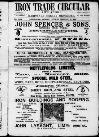 cover page of Iron Trade Circular (Rylands') and Hardware Weekly Messenger published on February 18, 1888