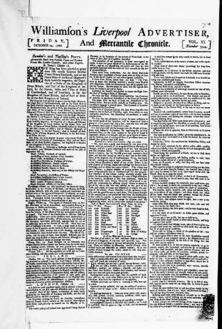 cover page of Williamson's Liverpool Advertiser and Mercantile Chronicle published on October 24, 1766
