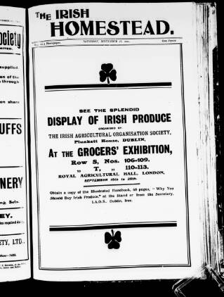 cover page of Irish Homestead published on September 18, 1909