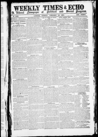 cover page of Weekly Times & Echo (London) published on February 28, 1892