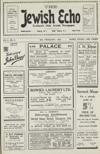 cover page of Jewish Echo published on February 28, 1930