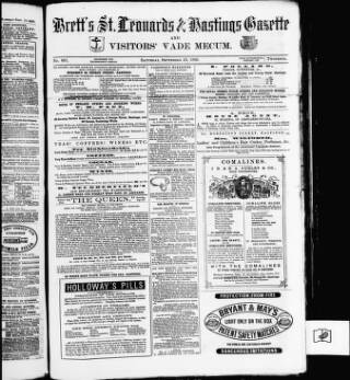cover page of Brett's St. Leonards and Hastings Gazette and Visitors' Vade Mecum published on September 18, 1869