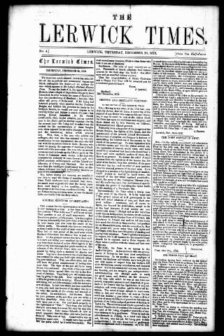 cover page of Lerwick Times published on December 26, 1872