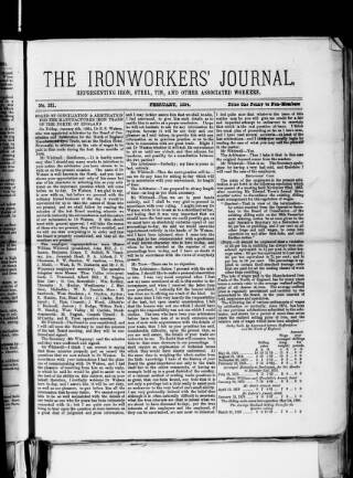 cover page of Ironworkers' Journal (Darlington) published on February 1, 1884