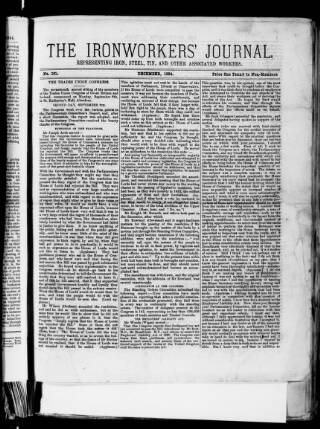 cover page of Ironworkers' Journal (Darlington) published on December 1, 1884