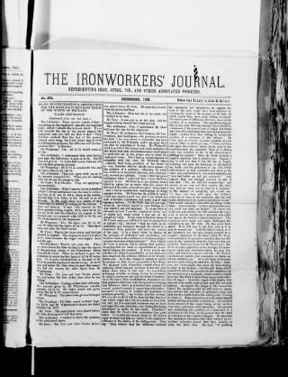 cover page of Ironworkers' Journal (Darlington) published on December 1, 1885