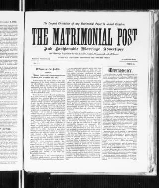 cover page of Matrimonial Post and Fashionable Marriage Advertiser published on November 23, 1889