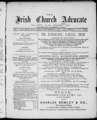 cover page of Irish Church Advocate published on September 1, 1876
