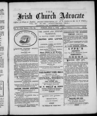 cover page of Irish Church Advocate published on July 1, 1878
