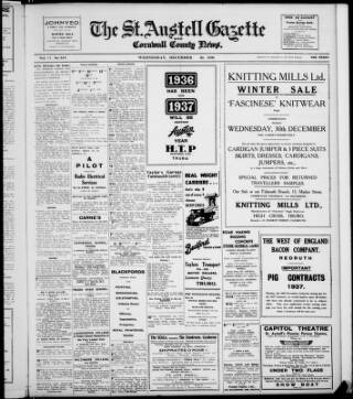 cover page of St. Austell Gazette and Cornwall County News published on December 30, 1936