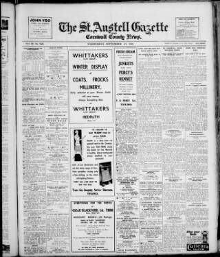 cover page of St. Austell Gazette and Cornwall County News published on September 18, 1940