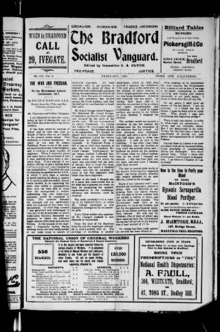cover page of Bradford Socialist Vanguard published on February 1, 1917