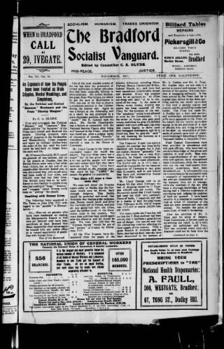 cover page of Bradford Socialist Vanguard published on November 1, 1917