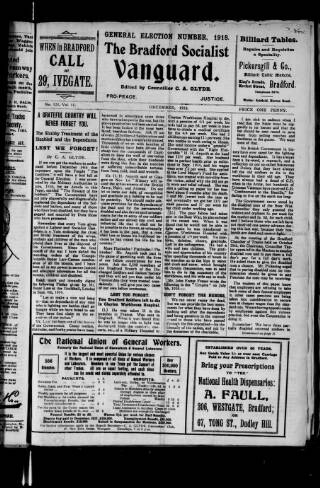 cover page of Bradford Socialist Vanguard published on December 1, 1918