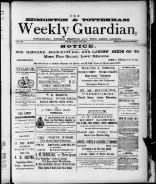 cover page of Edmonton and Tottenham Weekly Guardian published on September 18, 1891