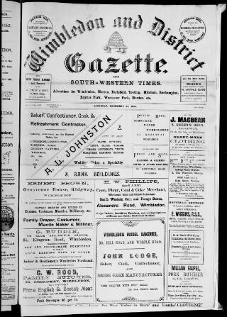 cover page of Wimbledon and District Gazette and South-Western Times published on December 30, 1893