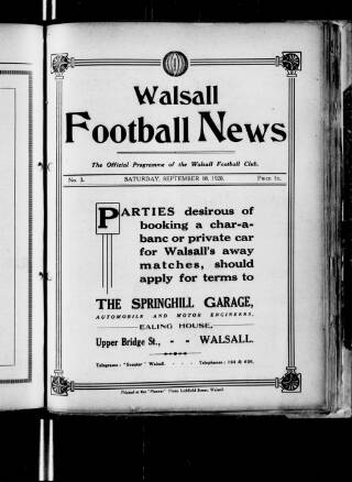 cover page of Walsall Football News published on September 18, 1920