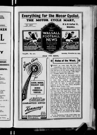 cover page of Walsall Football News published on November 30, 1935
