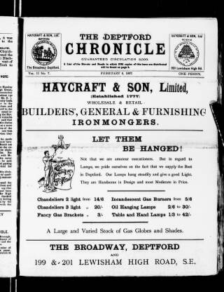 cover page of Deptford Chronicle published on February 6, 1897