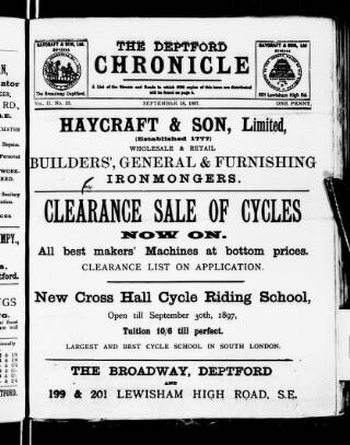 cover page of Deptford Chronicle published on September 18, 1897
